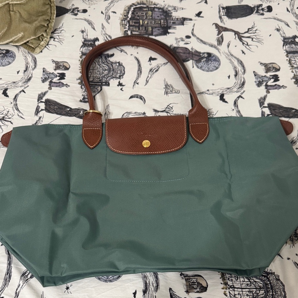Longchamp Forest Green Tote with Chestnut Brown Trim